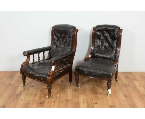 A Victorian mahogany button-back gentleman's easy armchair, and matching lady's easy chair, each with scroll over backs and b