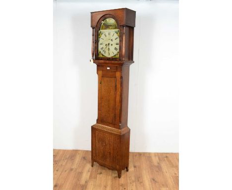 A 19th Century oak and mahogany banded 8-day longcase clock, the painted roman dial with with makers mark (worn), foxhunting 