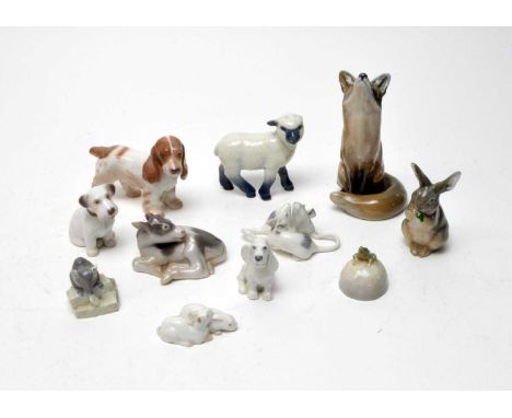 A selection of Danish decorative ceramic animal figures, including: Royal Copenhagen fox figure; B&amp;G Denmark dog figures;