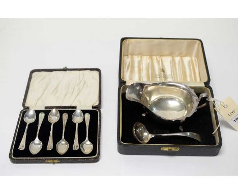 A silver sauce boat and ladle, by Edward Viners, Sheffield 1961, cased; together with a set of six silver teaspoons, cased. 