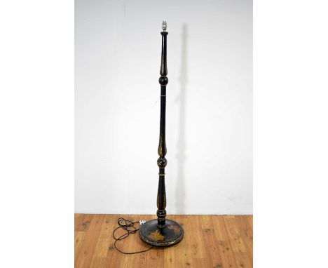A decorative mid 20th Century black lacquered chinoiserie standard lamp, the shaped column stem and circular base with gilt f