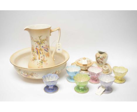 A harlequin set of six Maling ceramic sundae dishes; together with a Crown Ducal ware ceramic wash set, including ewer and ba