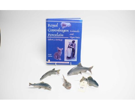 Four Royal Copenhagen ceramic fish figures, including: a Crucian Carp; a Trout; and two others; together with a B&G Denmark f