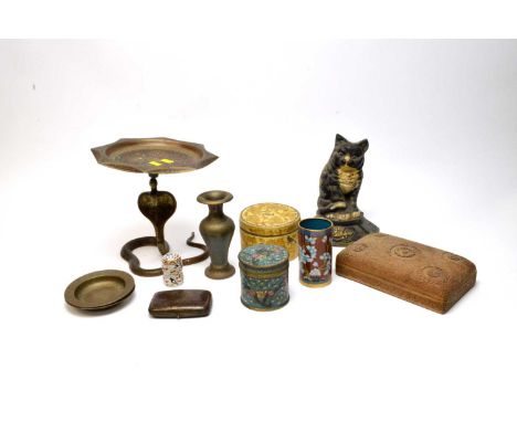 Assorted collectibles, including: two Chinese cloisonné jars and covers; cloisonné enamel sleeve vase; an Eastern enamelled b