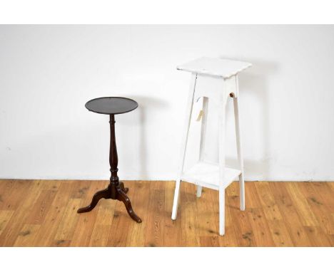 A vintage plant stand painted in a white colourway, 30 x 30 x 92cm high; together with a mahogany tripod wine table