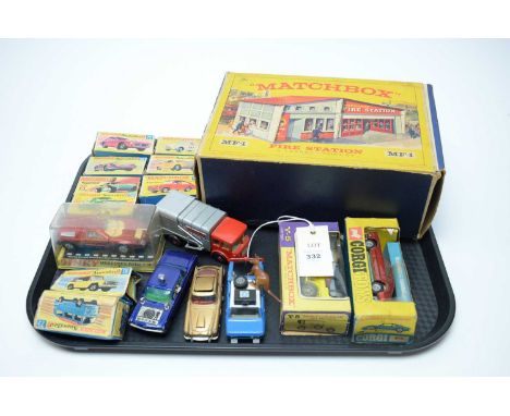 A collection of diecast model vehicles, including: Corgi James Bond Aston Martin DB5 model car, with ejecting 'baddie' figure