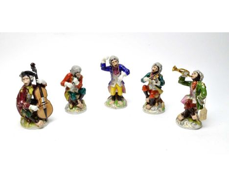 A Dresden ceramic monkey orchestra, after Meissen, including violinist, flutist and others, each with painted and impressed m