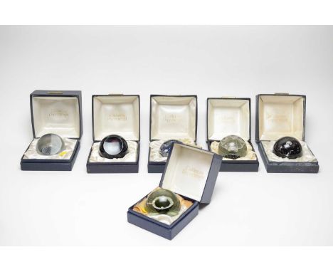 Six limited edition Caithness glass paperweights, including: ‘Dark Island’; ‘Parasol’; ‘Arctic Night’; ‘Ariel’; ‘Black Gem’; 