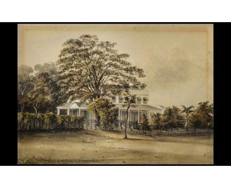 A Large Watercolour Attributed To M.J Cazabon - 
A Rare 19th Century Watercolour Drawing Depicting A Colonial Building In Tri