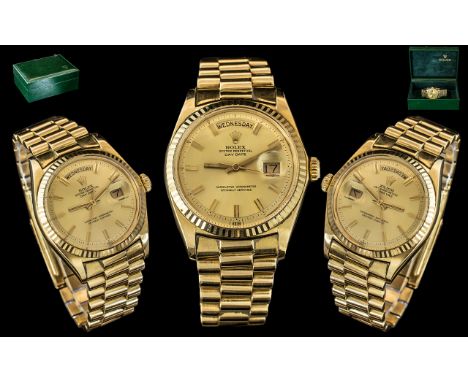 Rolex - Gents 18ct Gold Oyster Perpetual Day-Date Chronometer Wrist Watch. c.1980's. Features Champagne Dial, 24 Jewels, Flut