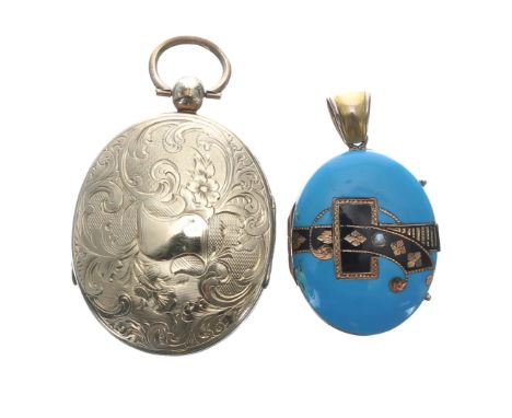 Oval engraved double sided locket pendant with floral designs, 20.4gm, 53mm x 32mm; with a Victorian turquoise enamelled oval