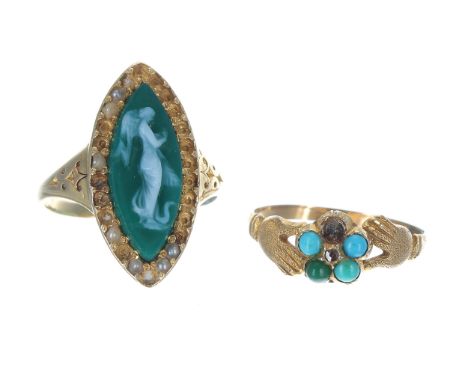 Antique yellow metal backed Jasper and pearl set marquise shaped ring, decorated with a Classical figure in white slip on a g