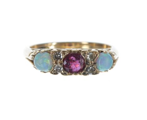 18ct yellow gold claw set opal, ruby and diamond ring, width 5.5mm, 5gm, ring size J 