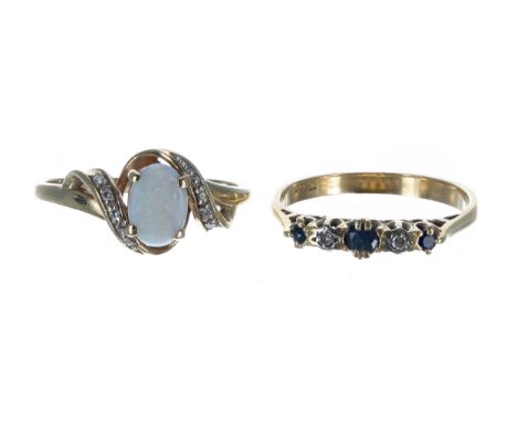 18ct sapphire and diamond ring, 2.2gm, ring size K/L; with a&nbsp; 9ct opal and diamond ring, 1.7gm, ring size K/L (2) 