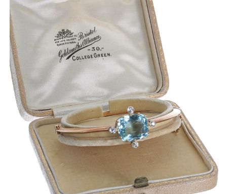 Good antique aquamarine and diamond hinged bangle, set with a large single rectangular cushion-cut aquamarine 9.50ct approx, 