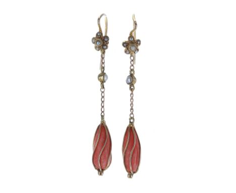 Attractive pair of coral and pearl drop earrings, 2gm, drop 44mm approx 