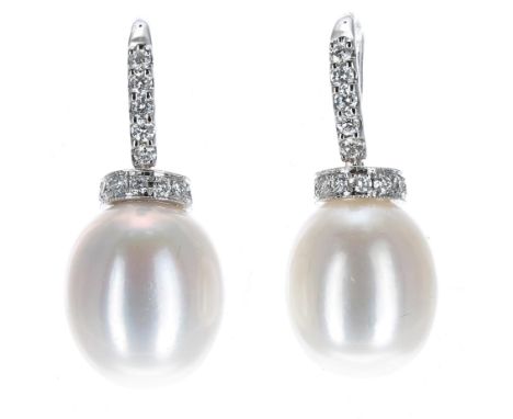 Attractive pair of modern 18ct white gold pearl and diamond earrings, each set with an oval white pearl set above each pearl 