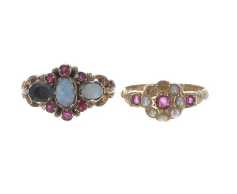 18ct pearl and garnet&nbsp;set ring, Birmingham 1909, 2gm, 8mm, ring size L (two stones missing); with a 9ct opal and garnet 