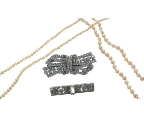 Cultured pearl graduated necklace with a gold barrel clasp, 3mm-7mm, 12.5gm, 15" long; faux pearl necklace and two costume br