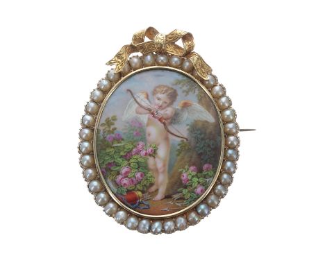 Attractive antique gold and enamel oval mourning pendant brooch, finely painted depicting a cherub with a bow and arrow withi