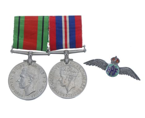RAF silver and enamel sweetheart brooch, 56mm; with two WWII service medals 