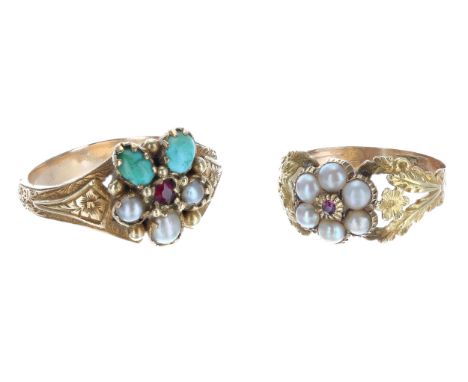 Antique gold mounted turquoise&nbsp;pearl and gem set floral engraved ring, 4.7gm, 12mm, ring size P/R; together with another