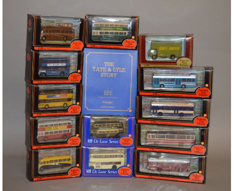 Thirteen boxed EFE diecast bus and coach models in 1:76 scale together with a boxed 'Tate & Lyle Story Vol I' set of three mo