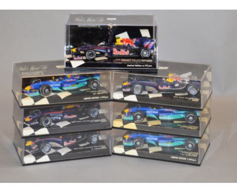 Minichamps. Seven Red Bull Raccing diecast model Racing Cars in 1:43 scale including Renault RB3, Cosworth RB1, Sauber Petron