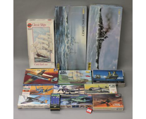 Eight boxed model aircraft kits by Hasegawa, Italeri, Academy and others in 1:72 and 1:144 scale together with four model shi