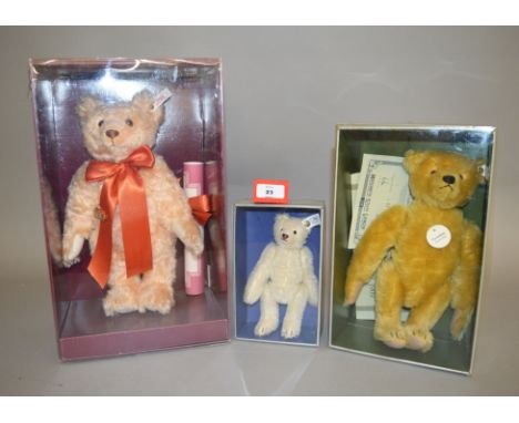 Three Steiff teddy bears: Chester, ltd.ed. of 2000 for Hamleys, with certificate; Somersault Teddy 1909, ltd.ed. of 5000; Sna