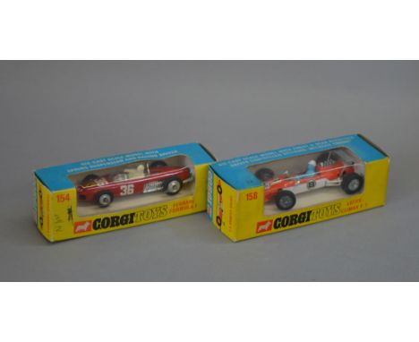 Two boxed Corgi Toys diecast racing car models, 154 Ferrari F1, and 158 Lotus Climax F1, models appear G+/VG in G window boxe
