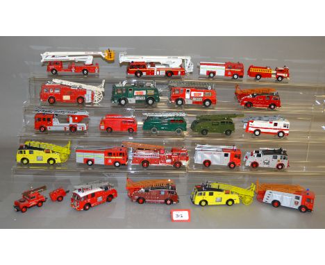 Twenty three unboxed diecast Fire Engine models by Dinky, Corgi and others, overall appear G but with repainting and 'super-d