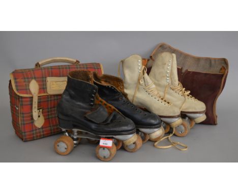 Two pairs of vintage Simlam roller skates: 'Saga' size 5 white leather roller skates with wooden wheels; 'Three Hundred' size