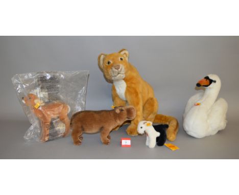 Five Steiff animals: Lioness (no chest tag); Boeky goat; Rocky hippo; Lorli fawn; Movi swan. All unboxed and VG with tags unl