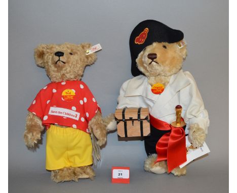Two Steiff teddy bears: Pirate, blonde, height 38cm; Save the Children Ted, blonde, height 32cm. Unboxed, both with labels to
