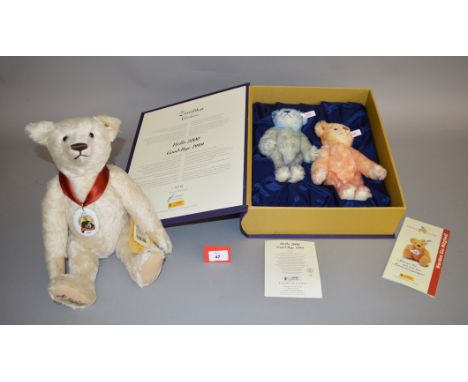 Two Steiff teddy bears: 670152 Margarete Steiff Jubilee Bear; 670367 Hello Goodbye Bear Set. Both with outer cartons. (2)