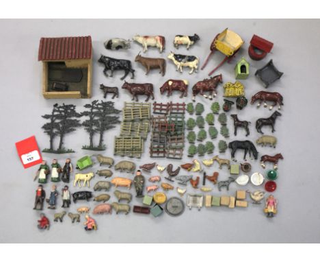 A quantity of unboxed vintage farm related metal animals and figures, some unbranded, others by Britains and J. Hill & Co., t