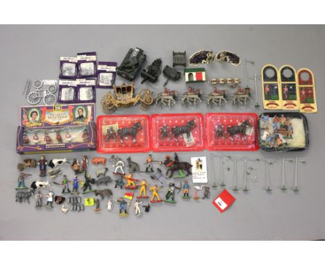 A mixed lot of mainly unboxed diecast models and figures including small and  large scale Coronation Coach models, the larger