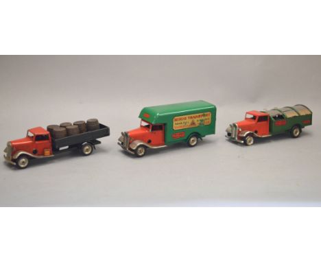 Three unboxed Tri-ang Minic clockwork tinplate vehicles, including Post War long bonnet versions of the 32M Dust Cart and 21M