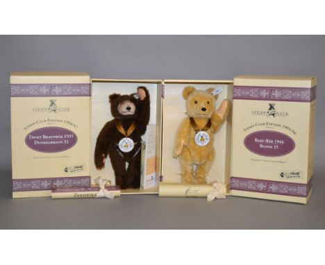 Two Steiff Club Edition teddy bears: 420078 1996/97 Dicky Brown Bear 1935; 420054 1995/96 Baby Bear 1946. Both boxed with cer