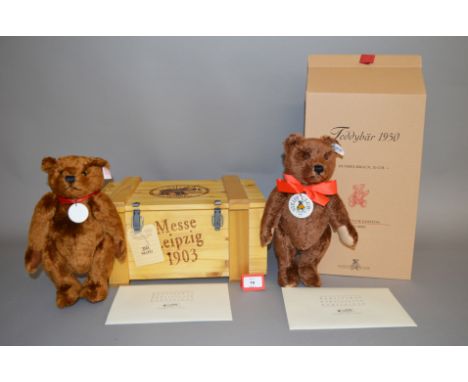 Two Steiff Club Edition teddy bears: 2001/2002 1950 Dark Brown 35 cm bear; 2003 Bear 420351 in memory of the 1903 Leipzig Spr