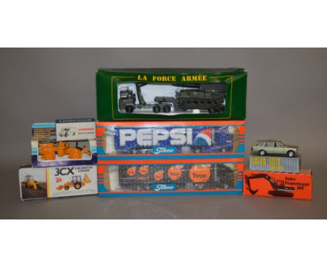 Quantity of diecast models, including construction vehicles: Joal Cat 825B; NZG 277 JCB 3CX Excavator Loader; Lion Car Commer
