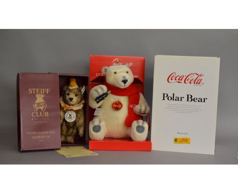 Two Steiff teddy bears: 420023 Club Edition 1993/94 Teddy Clown 1928 with certificate; 670336 Coca-Cola Polar Bear. Both have