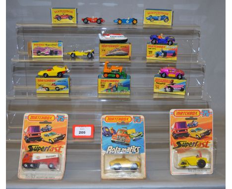 Two boxed Lesney Regular Wheels diecast racing car models, 52b BRM and 73b Ferrari F1 together with six boxed Superfast model