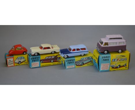 Four boxed Corgi Toys diecast models, 230 Mercedes Benz in cream, 233 Heinkel with Club membership form, 420 Airborne Caravan