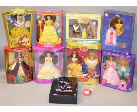 Nine Mattel Walt Disney Beauty and the Beast dolls: Signature Collection Belle in trade box; Disney Store Belle; Broadway Edi