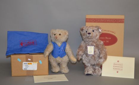 Two Steiff teddy bears: 660948 'Crystal' teddy bear in bag with outer carton; 660047 Grey 36, boxed with outer carton. (2)