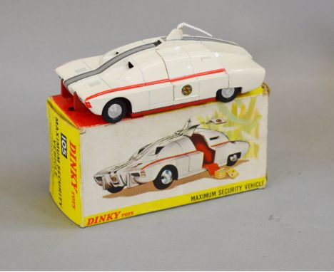 A boxed Dinky Toys 105 Maximum Security Vehicle in white with red stripes and base and  'Spectrum' decals to both opening doo
