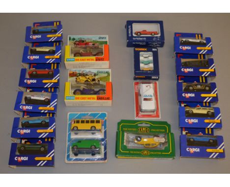 A small quantity of boxed miniature diecast models by Corgi, Majorette and others together with two boxed 'Tintoys' diecast v