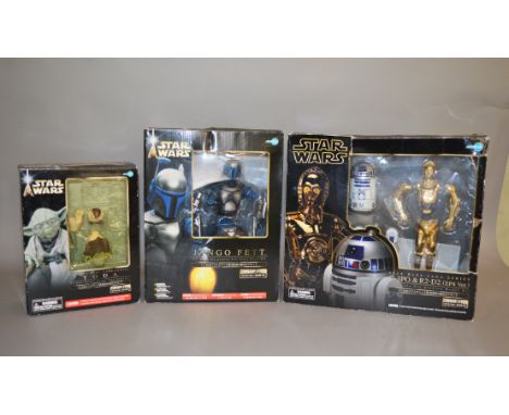 Three Kotobukiya ArtFX Star Wars 1:7 scale pre-painted vinyl model kits: Yoda; Jango Fett; C-3PO and R2-D2 (Ep4 Ver.). Appear